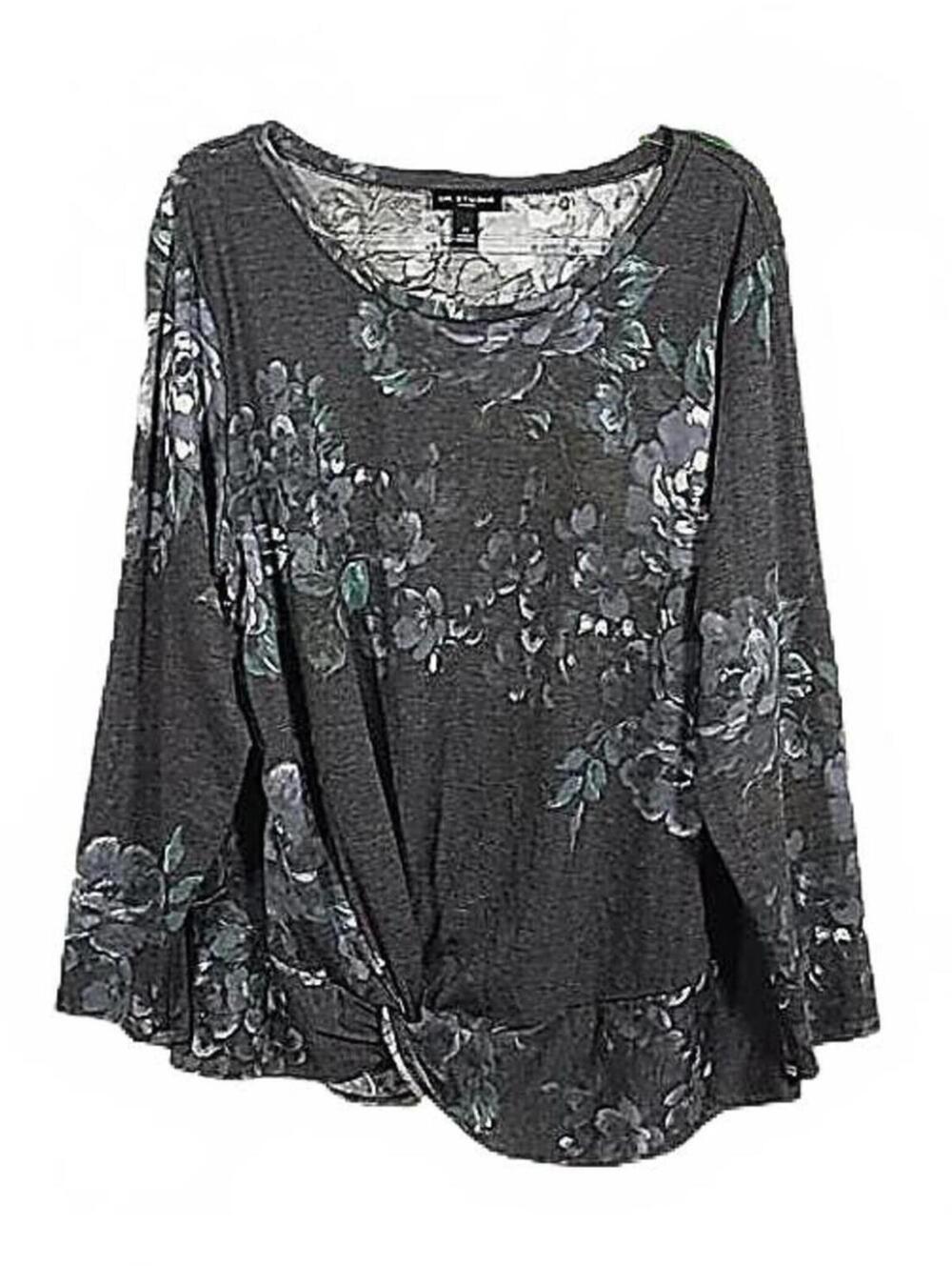 I.N. Studio Womens Size 2X Blue Floral Soft Knit Long Sleeve Twist Hem Top